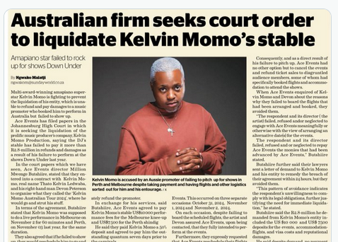 Kelvin Momo is sued for R2 million for missing shows in Australia